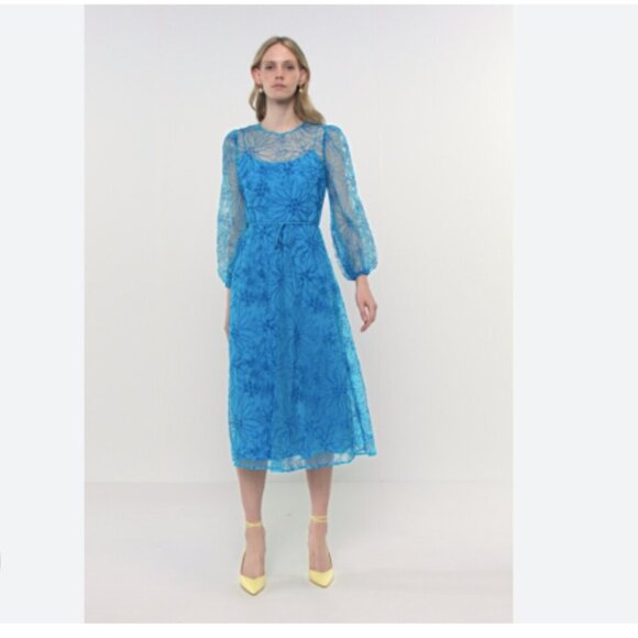 ML Monique Lhullier Zinnia Tulle Midi Dress Floral Romantic - Picture 1 of 11